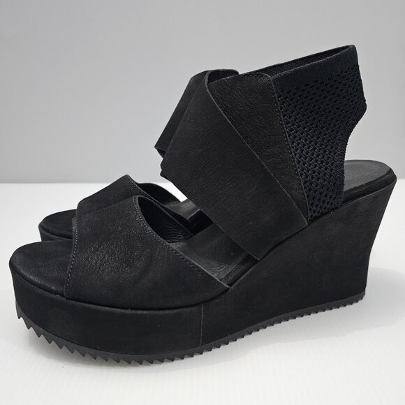 NEW Eileen Fisher Lio Wedge Womens 8.5 Black Leather Platform Sandal Chunky - Picture 1 of 14
